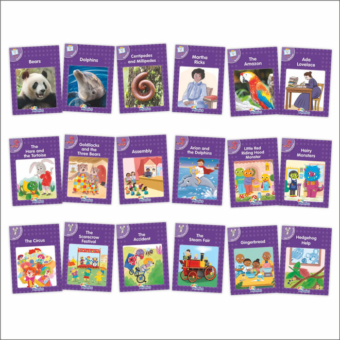 Jolly Phonics Purple Readers Complete Set Level 5 (General Fiction, Non-Fiction & Inky Mouse and Friends) (Precursive letters)
